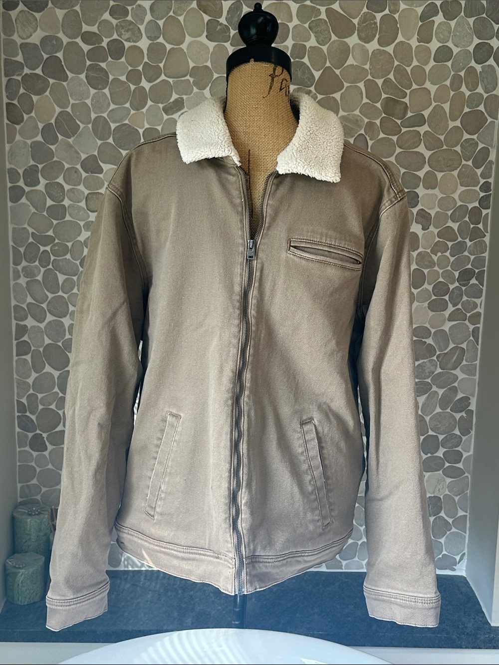 Hollister Taupe Work Jacket with Cream Sherpa Collar